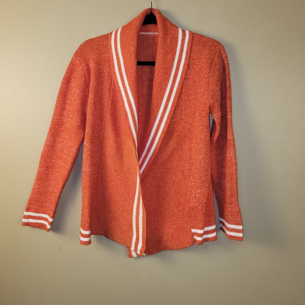 Orange Stripe Trim Open Front Cardigan Lightweight Knit Preppy Retro Style Women
